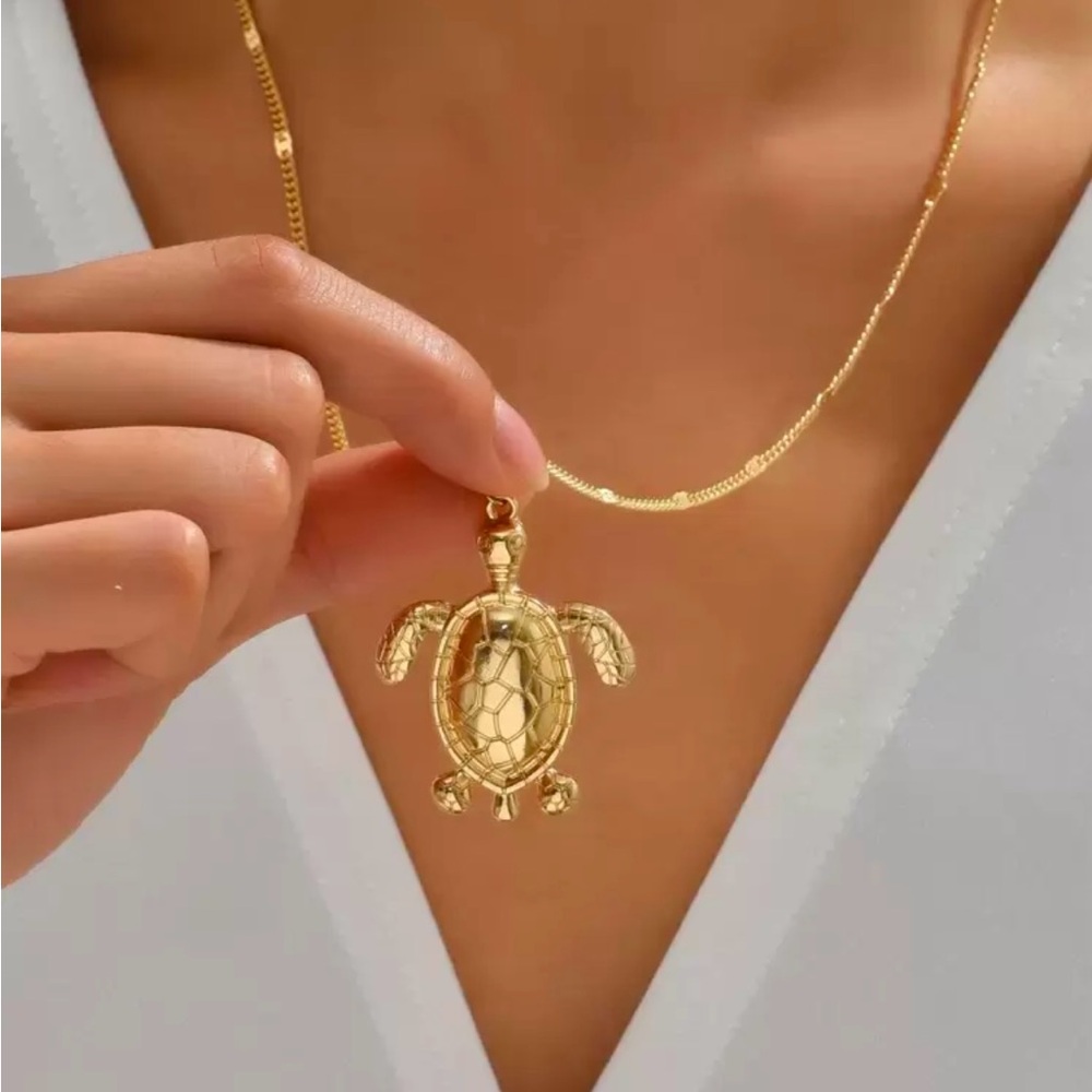 Gold-Tone Sea Turtle Necklace | Coastal Ocean Jewelry Boho Style